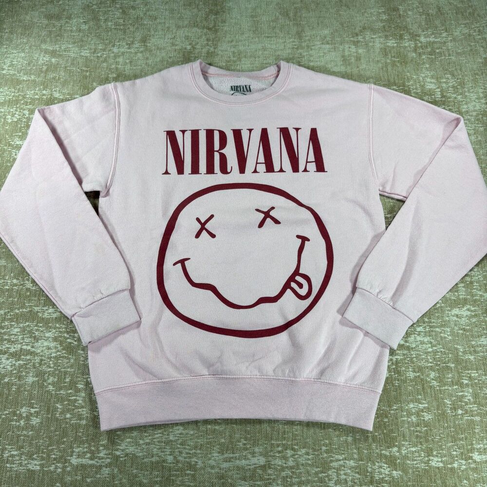 Official Nirvana Smiley Face Graphic Sweatshirt Pastel Pink Small